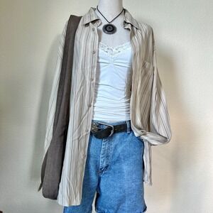 Indie Skater Grunge Stripe Cotton Shirt Brown Tan Button Up Long Sleeve L Dad